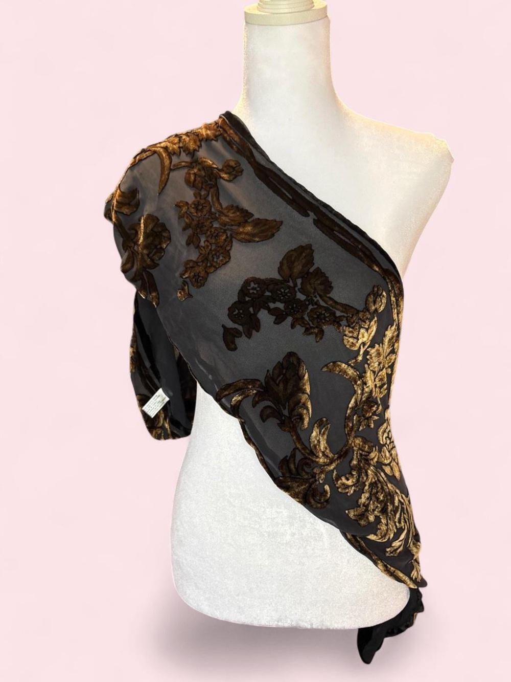 One-Shoulder Black and Gold Floral Shawl Scarf